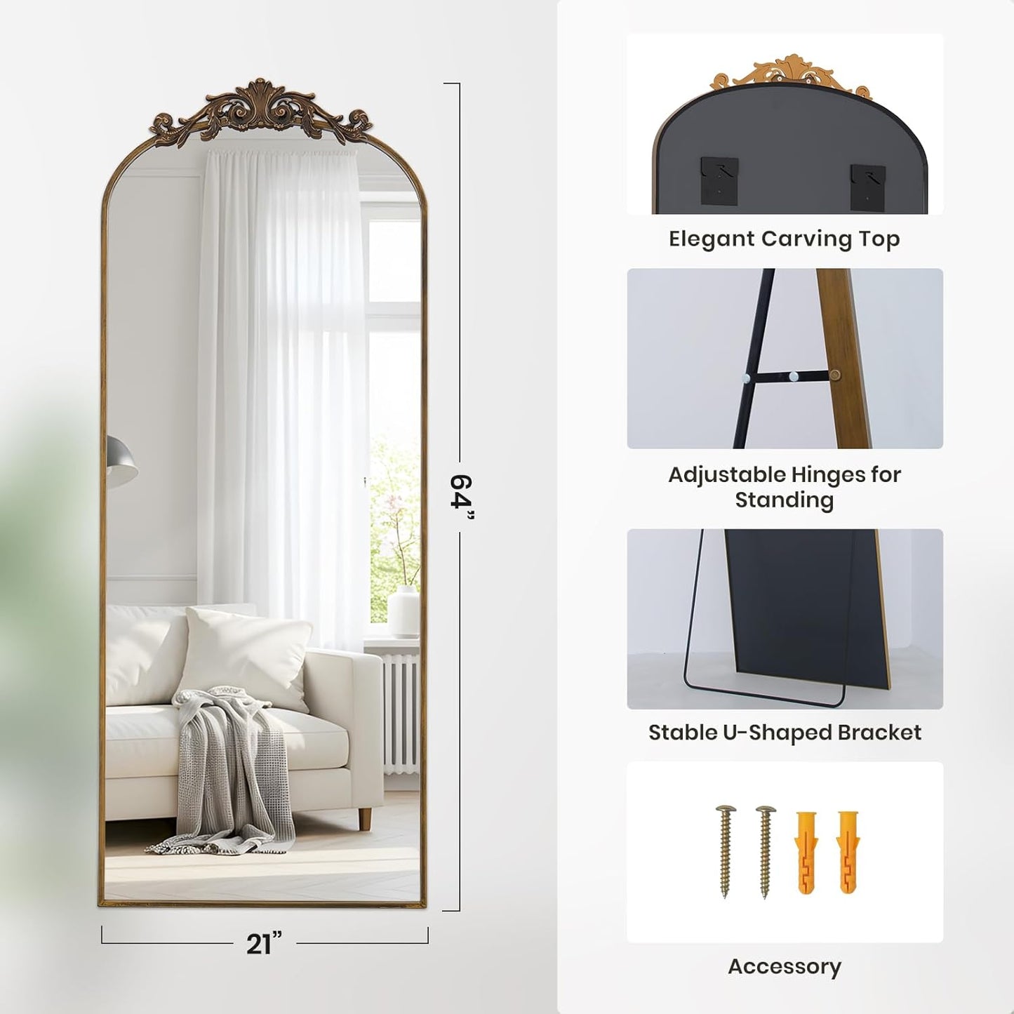 Filigree Floor Mirror 64"x21" Full Length Mirror Freestanding with Vintage Ornate Carved Applique Full Body Hanging Wall Mounted Mirror for Living Room Bedroom Retro Home Decor, Bronze