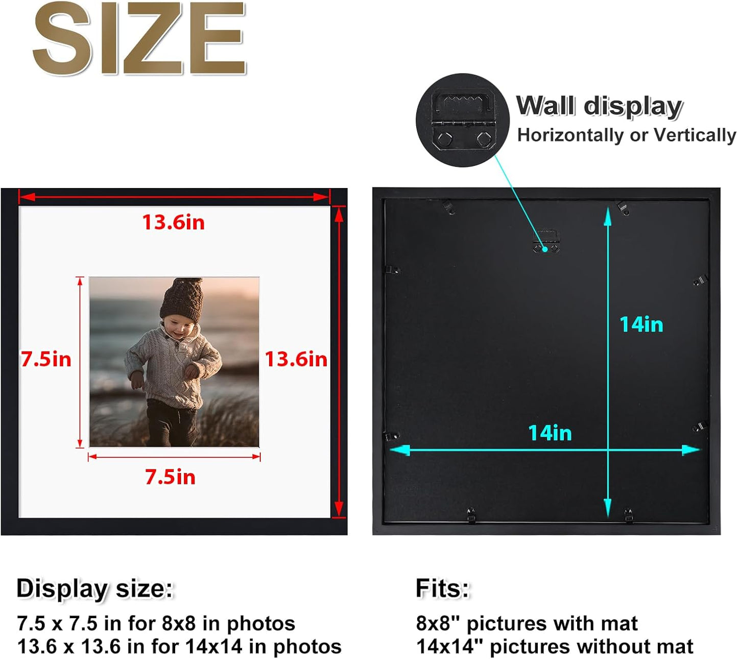 KINLINK 14x14 Picture Frame, Black Square Solid Wood Frames for Pictures 8x8 with Mat or 14x14 without Mat, Wall Display Photo Frames Black 4 Pack