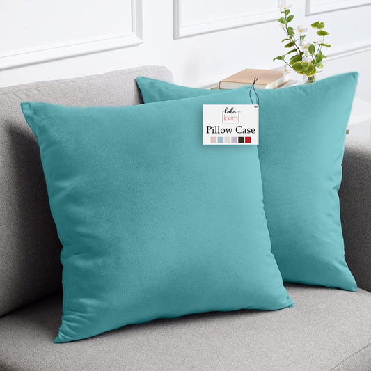 lalaLOOM Velvet Throw Pillow Covers, Set of 2, 20x20 Decorative Square Pillows Home Decor, Soft Accent Cases, Silky Machine Washable Pillowcases for Sofa, Couch, Bedroom, Living Room, Turquoise