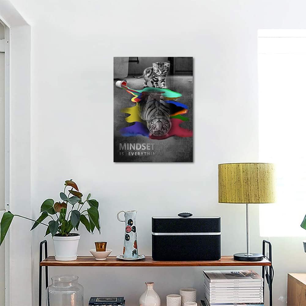 Large Mindset Is Everything Inspirational Giclee Canvas Wall Art Cute Cat and Meek Tiger Colorful Pictures Paintings HD Print Home Office Decor for Bathroom Kitchen Framed Ready to Hang-18x24 inch