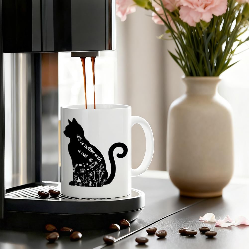 Life Is Better With A Cat Ceramic Coffee Mug for Women Men, Funny 11oz Floral Black Cat Mug for Cats Dad Mom, Cats Lover Gifts, Novelty Mothers Day Christmas Birthday Gifts