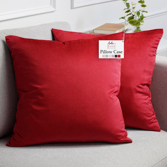 lalaLOOM Velvet Throw Pillow Covers, Set of 2, 18x18 Decorative Square Pillows Home Decor, Soft Accent Cases, Silky Machine Washable Pillowcases for Sofa, Couch, Bedroom, Living Room, Ruby Red