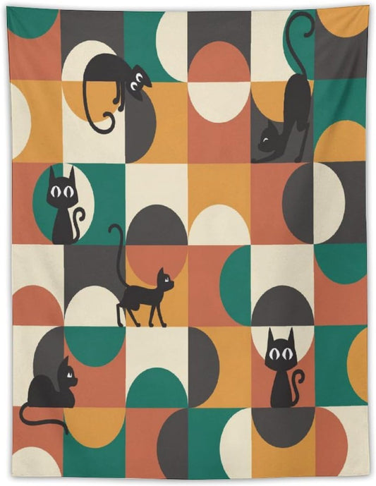 ICMOLYYENLO Boho Medieval Cat Tapestry, Abstract Atomic Starburst Geometric Aesthetic Art Wall Hanging For Bedroom Living Room Dormitory 30x40 Inches