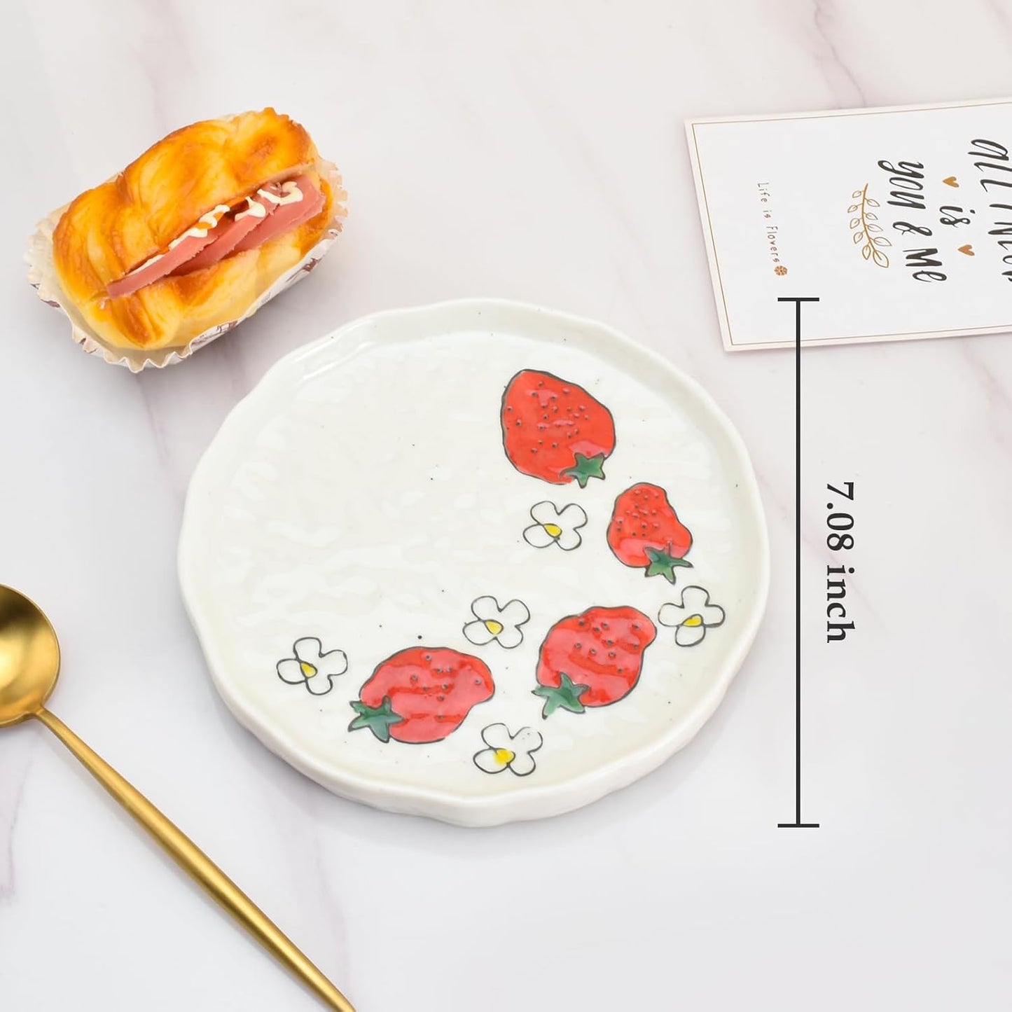 Koythin Ceramic Dinner Plate, Cute Strawberry Creative Plates Design, Printed Flowers Dinnerware for Office and Home, Kitchen Plates for Dessert (Strawberry)