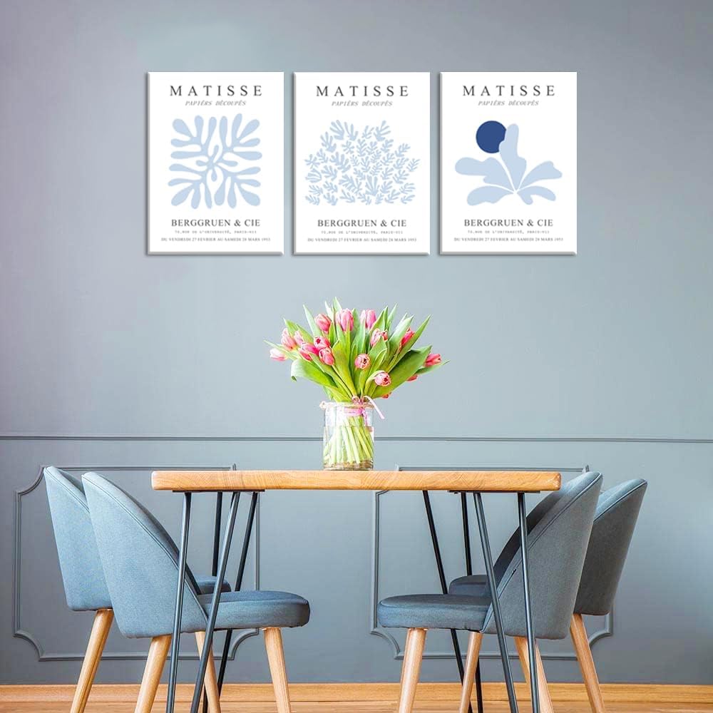 Julaydi Matisse Wall Art Blue Abstract Posters Framed Set of 3 Minimalist Plant Leaf Canvas Prints Modern Painting Wall Decor Artwork Aesthetic Pictures for Living Room Bedroom Bathroom 12x16in