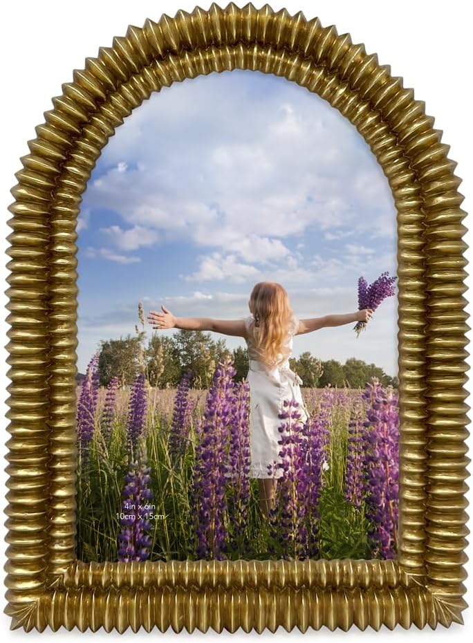 Isaac Jacobs 4x6 Antique Gold Double Bead Arch Photo Frame with Black Fabric Easel, Tabletop, Wall-Mountable, Shelf and Desk, Decorative Art Design, Home Décor (4x6, Antique Gold)