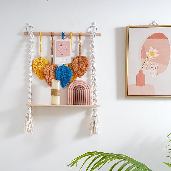 Macrame Wall Hanging Shelf, Bohemian Woven Tapestry Chic Woven Leaf Tassels Home Deco, Boho Handmade Wall Art Floating Shelf for Living Room, Bedroom, Nursery Backdrop, Apartment (Blue+Brown+Yellow)