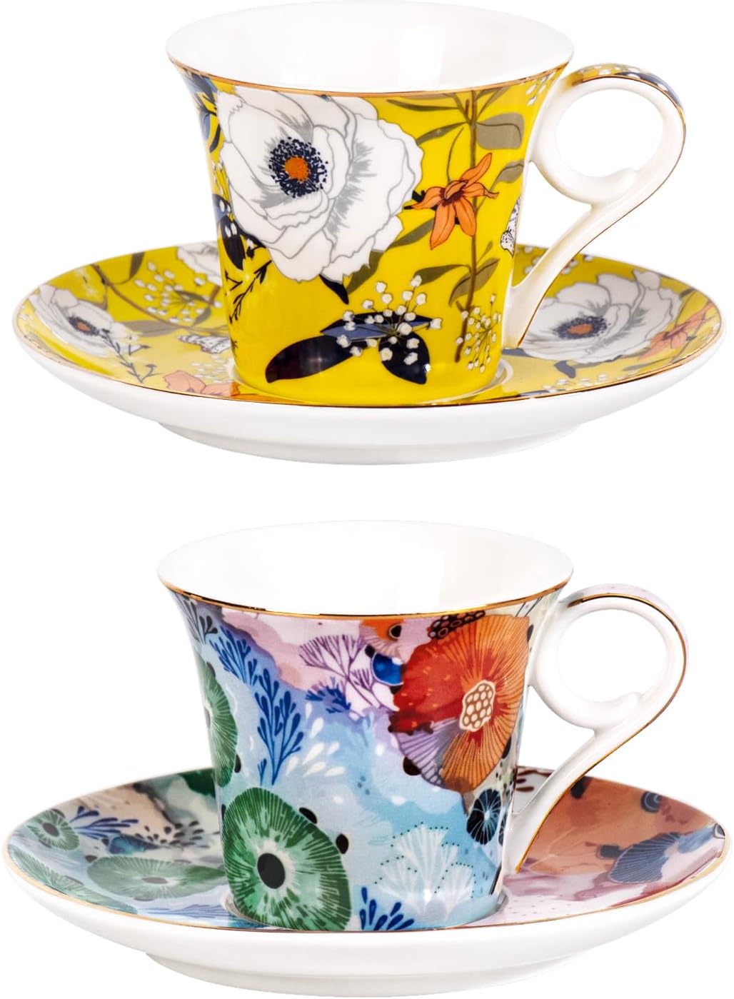 KAMMAK Tea Cups and Saucers Set of 2, Reinforced Porcelain Coffee Cups, 5.7-Ounce Stackable Espresso Mugs, Ceramic Demitasse for Coffee, Cappuccino, Latte, Americano, Tea, Coral + Bee Flower