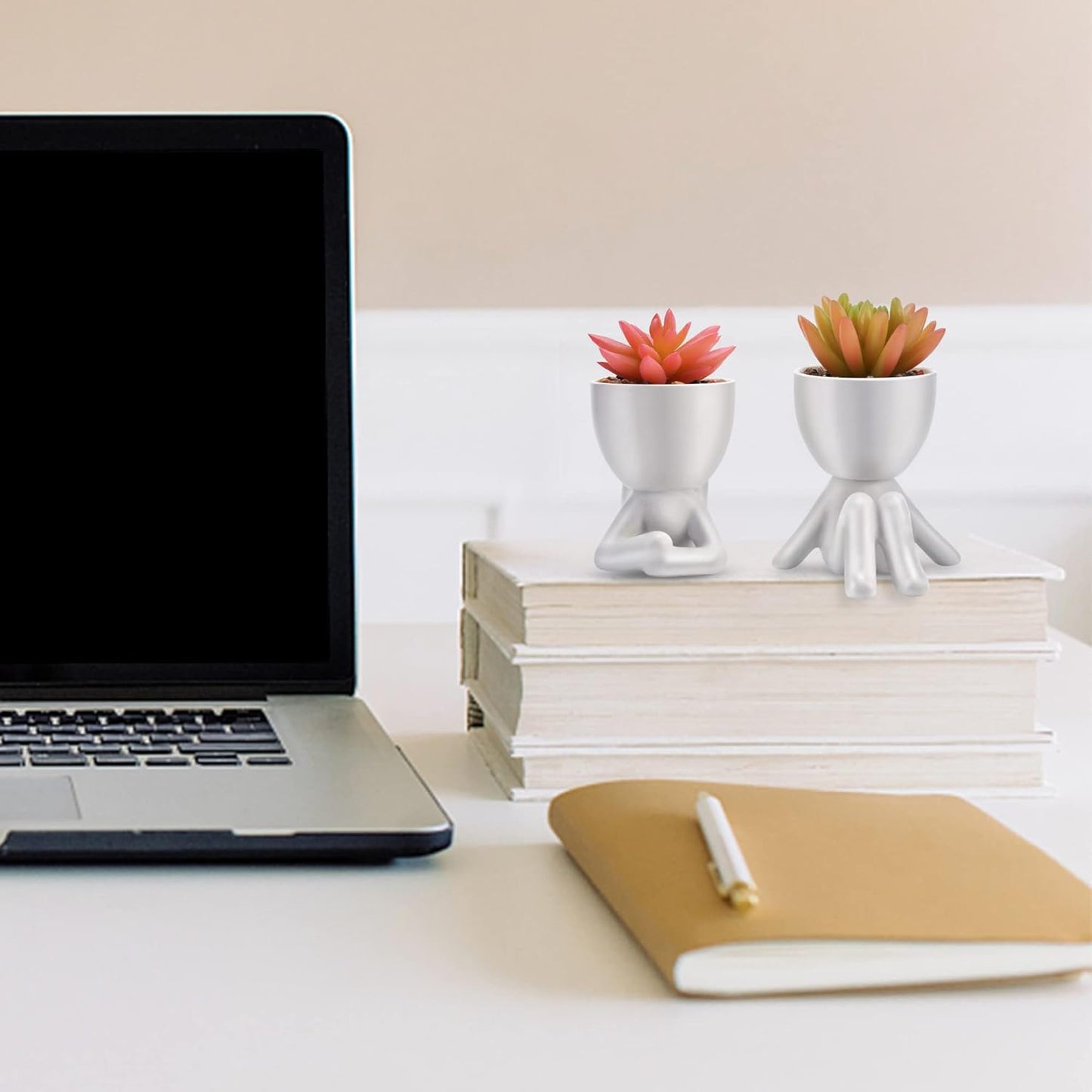 Fake Succulent, Mini Succulents Plants Artificial in White Modern Human Shaped Ceramic Pots Cute Pink Succulent for Office Decor for Women Girls, Desk Plant Cute Bathroom Decor 2PCS