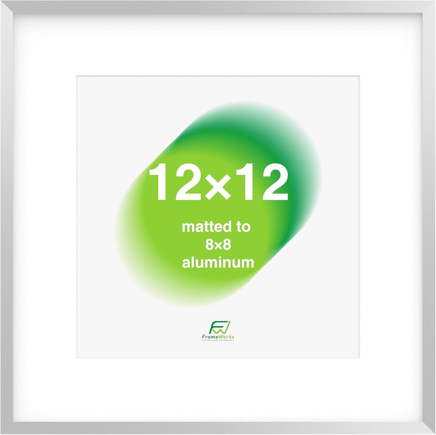 FrameWorks 12x12 Matted to 8x8 Picture Frame – Aluminum Frame w/Tempered Glass, Removable Mat for Photos, Posters, Art, Stylish Wall Frame for Home Decor, Gallery Walls, Office, Living Room - Silver