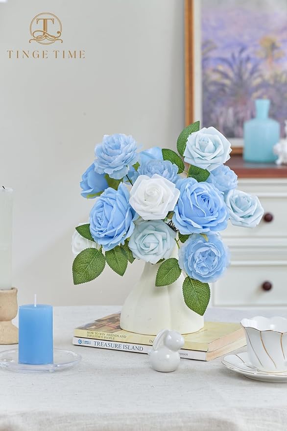 TINGE TIME Light Blue Artificial Flowers Combo Box Set Gradient Color Fake Flower Leaf with Stems for DIY Wedding Bouquets Table Centerpieces Baby Shower Home Party Floral Arrangements Decorations