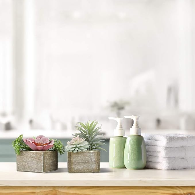 Mingfuxin Succulent Plants Artificial, Small Fake Plants in Pots, Mini Artificial Plants Indoor with Wood Potted for Bathroom Home Office Living Room Table Desk Shelf Decor, Set of 3