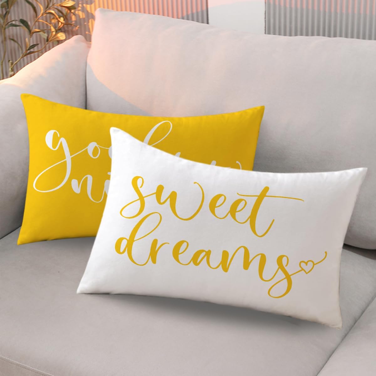 Bedding Decorative Lumbar Pillowcases Sweet Dreams Good Night Cushion Covers Sleep Themed Decorative Throw Pillow Covers 12''x20'',2Pack Super Soft for Bedroom Guest Room Housewarming Gifts (Yellow)