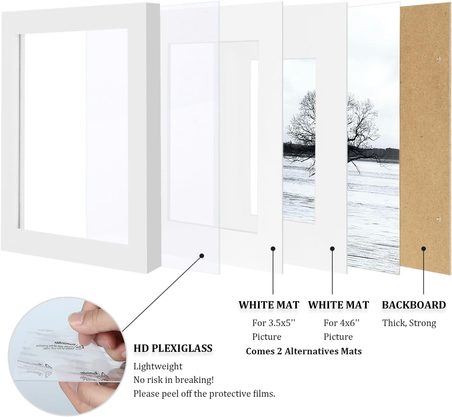 Egofine 5x7 Picture Frames Set of 4, Made of Solid Wood Covered by Plexiglass 3.5x5 and 4x6 with Mat or 5x7 without Mat, for Table Top Display and Wall Mounting Photo Frame White