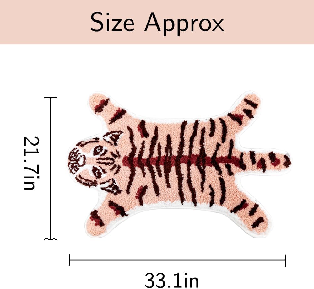 Huichenxing2021FURSTORE Funny Tiger Bath Mat - Cute Peach Pink Tiger Cartoon Bathroom Non Slip Animal Shaped Absorbent Small Bathtub Rug, Plush Shower Rug 33.1x21.7in