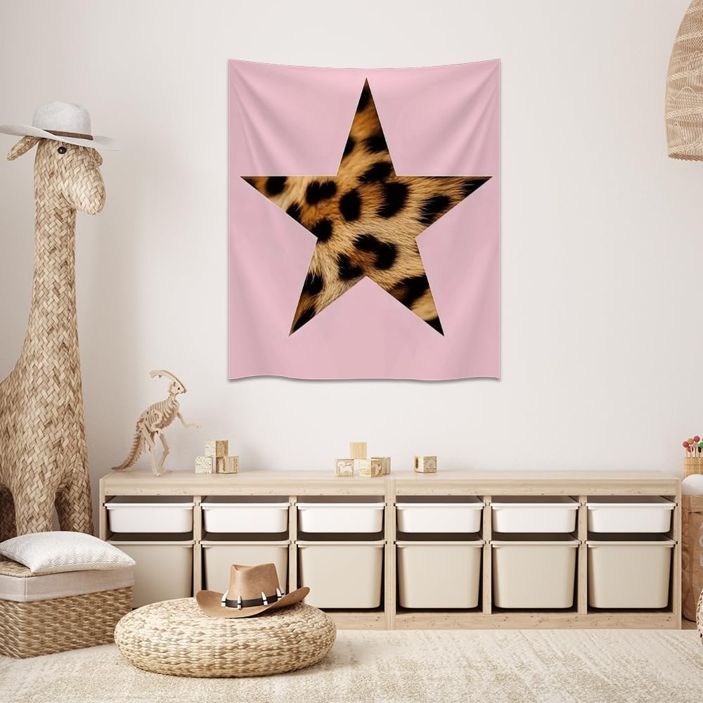 Medpol Pink Leopard Star Tapestry, Boho Chic Fashion Wall Hanging Trendy Animal Print Star Decor Tapestries Stylish Pink Aesthetic Wall Art for Bedroom Living Room 60x90inch