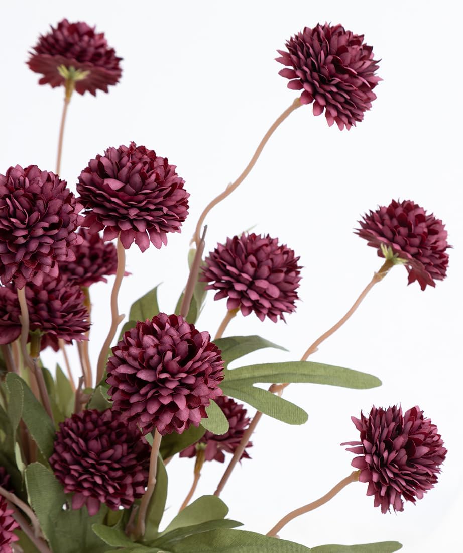 Laelfe 5Pcs Dandelion Artificial Flowers Bridal Bouquet Wedding Home Party Decor (Dark red)