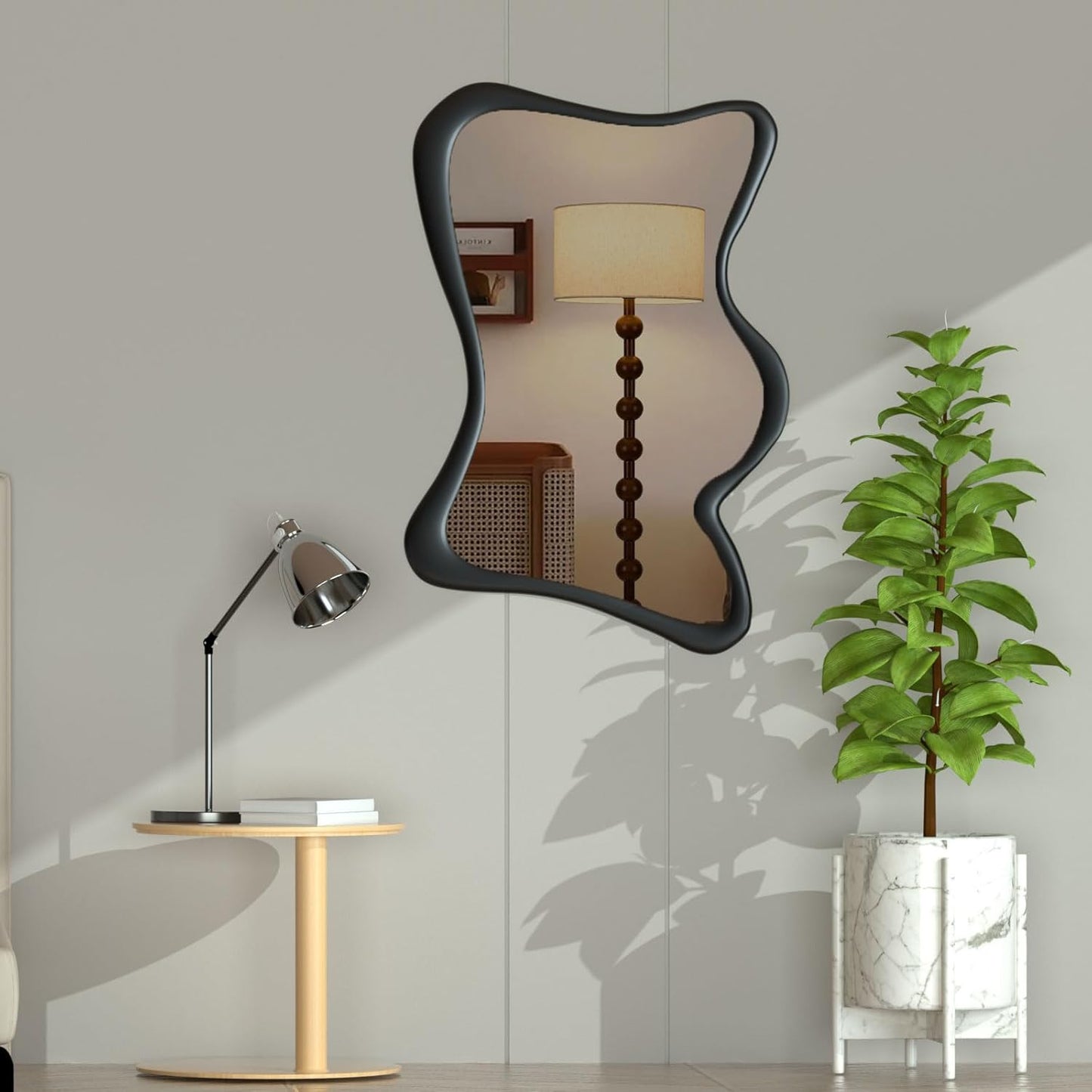 COOL2DAY Irregular Wall Mirror,32" x 24" Wood Frame Asymmetrical Mirror,Rustic Decorative Mirror for Living Room Bedroom Bedroom Entryway Bathroom Entryway, Modern Wavy Wall Mounted Mirrors Black