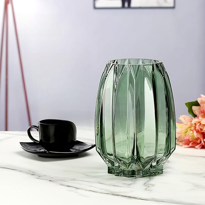 Green Glass Vase Modern Ribbed for Flowers, Candles, and Decorative Accents - Tall/Short Glass Vase for Centerpieces Home Table Decor(Green H8.0inch)