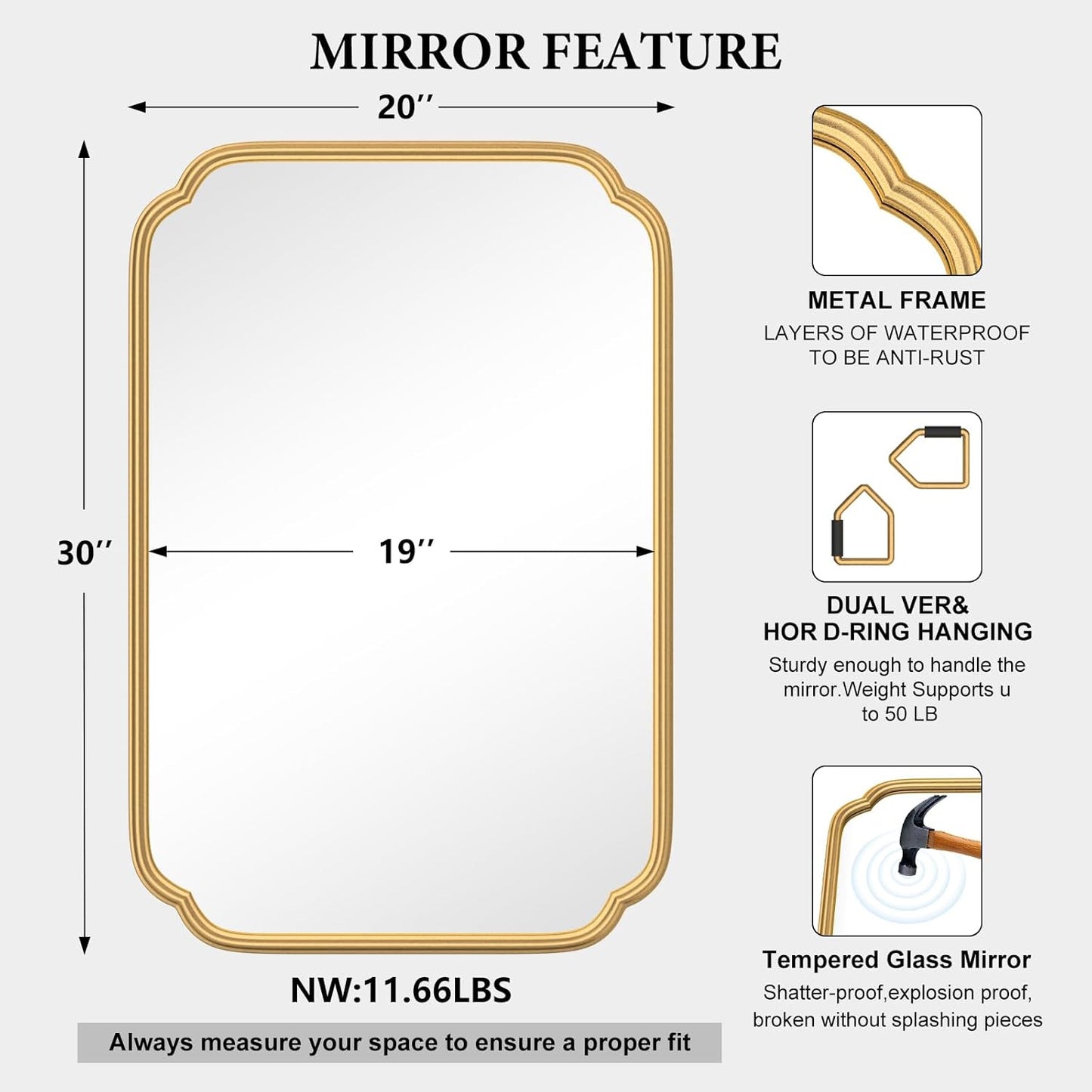 Gold Bathroom Mirror for Wall 20" x 30" Modern Rounded Corner Rectangle Mirror with Non-Rusting Iron Metal Framed Bathroom Vanity Mirror for Over Sink Wall Decor(Horizontal/Vertical)