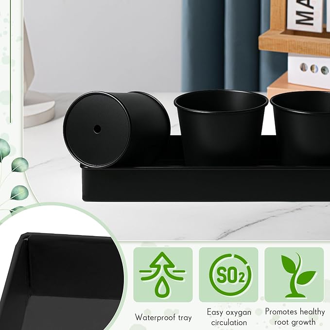 2 Sets Herb Garden Planter Indoor Kit with Trey 10 Pcs Metal Windowsill Plant Pots with Drainage Holes Indoor Herb Planter with Marker and Labels for Home Outdoor Plants (Black)