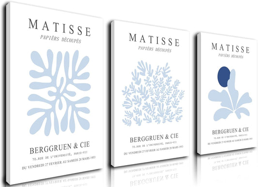 Julaydi Matisse Wall Art Blue Abstract Posters Framed Set of 3 Minimalist Plant Leaf Canvas Prints Modern Painting Wall Decor Artwork Aesthetic Pictures for Living Room Bedroom Bathroom 12x16in
