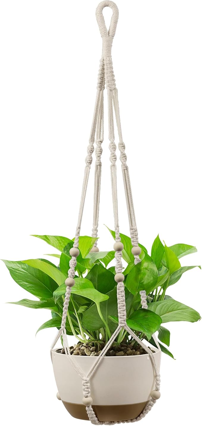 USLAI Macrame Plant Hanger Indoor Outdoor, Up to 4-15 inch Pot, Strong Hanging Planter Basket, Boho Home Decor, 35 Inch, Ivory (POTS NOT Included)