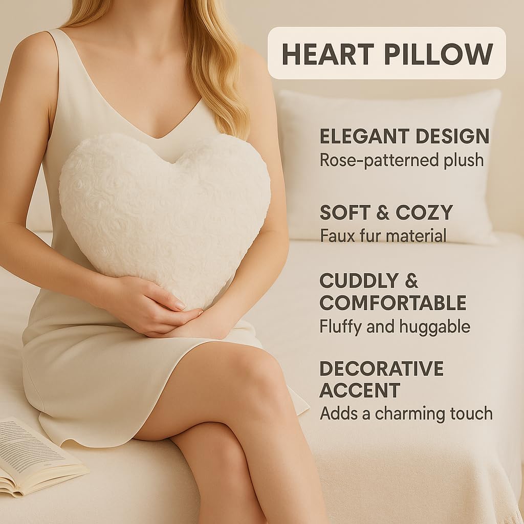 DaDalogy Bedding Luxury Dreamy White Faux Fur Heart Pillow - Lovely Valentine Gift Throw Cushion with Sewn Insert - Fluffy Cute Romantic Soft Sherpa Backside | Upgraded- 16” x 14”