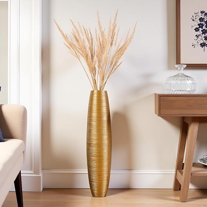 Tall Floor Vase, 27.5 inches (70cm, 2.3FT) Tall Vases Sturdy, Luxury, Textured for Decorative Branches Dried Flowers, Floor Vase for Rustic Living Room, Shelf Decor, Resin Gold