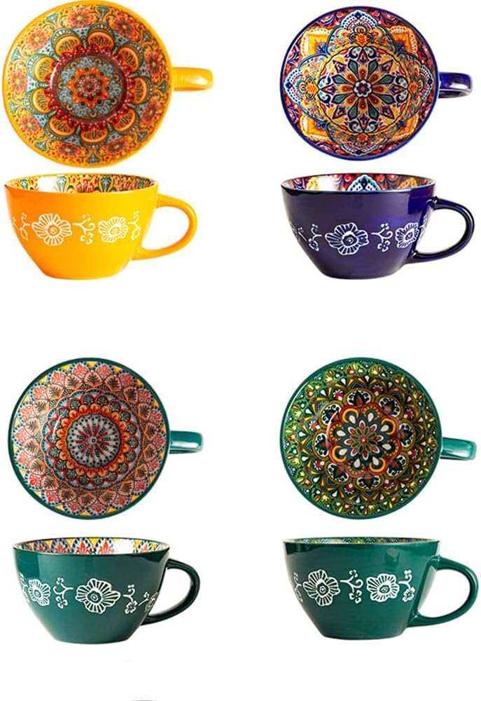 Bohemian Hand-Painted Ceramic Mug, 15 Oz Large Coffee Cup for Milk, Tea, and Breakfast, Dishwasher & Microwave Safe Artisan Cup, Green-J