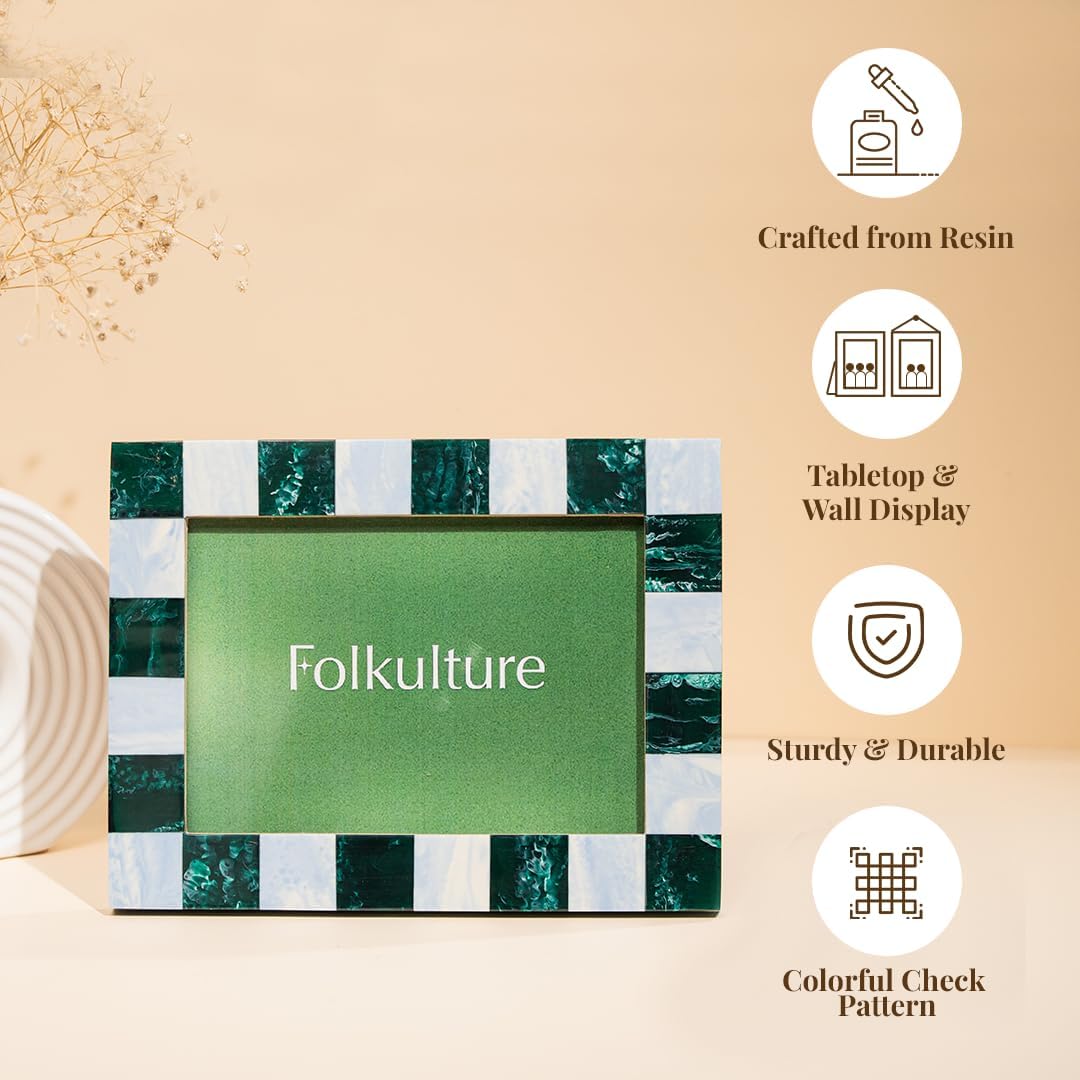 Folkulture Picture Frame | Stylish Marble Resin Unique 5x7 Photo Frame | Modern Wall Decor - Aesthetic Birthday Gift | Forest Fall Green & Pastel Blue Photo Frame | Boho Living Room Home Decor