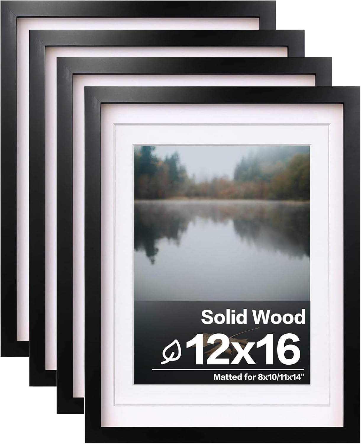 Egofine 12x16 Picture Frames Set of 4, Made of Solid Wood Covered by Plexiglass 9x12 and 11x14 with Mat or 12x16 without Mat, for Wall Mounting Photo Frame Black