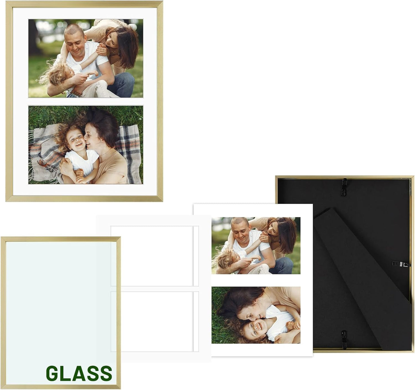 Frametory - 8.5x11 Aluminum Collage Picture Frame - Display 5x7 Pictures with 2 Openings Mat - Real Glass Front - With Easel Stand for Horizontal/Vertical Wall Mount - Gold 1 Pack