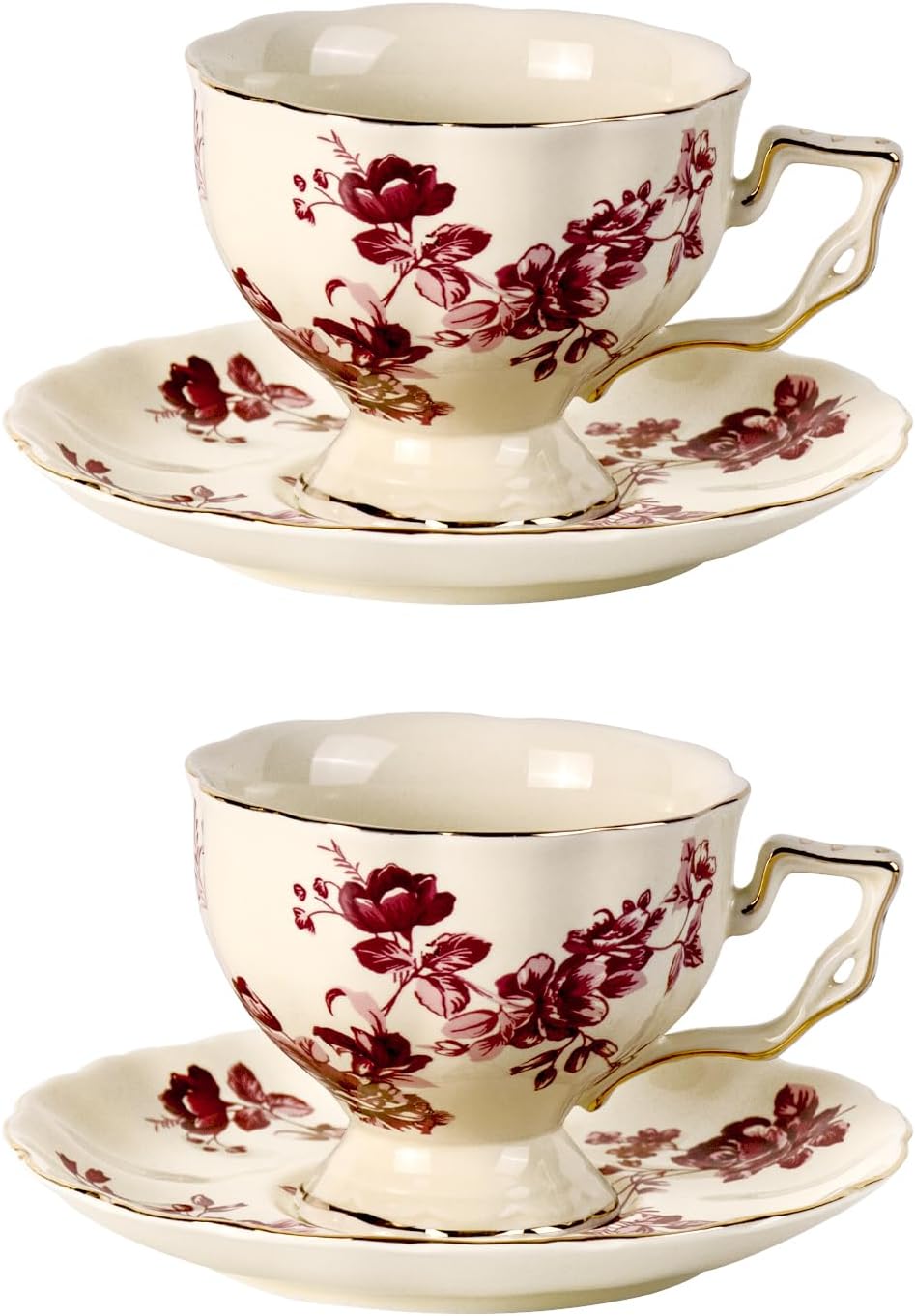 KAMMAK Tea Cups and Saucers Set of 2, Porcelain Coffee Cups, 7-Ounce Stackable Espresso Mugs, Ceramic Demitasse for Coffee, Latte, Americano, Tea, Red Orchid
