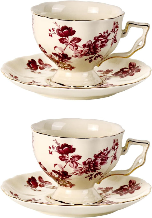 KAMMAK Tea Cups and Saucers Set of 2, Porcelain Coffee Cups, 7-Ounce Stackable Espresso Mugs, Ceramic Demitasse for Coffee, Latte, Americano, Tea, Red Orchid