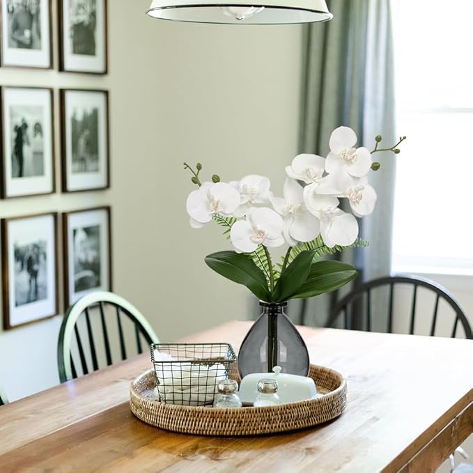 White Orchids Artificial Flowers, Faux Orchid in Glass Vase Real Touch Small Phalaenopsis Orchid Flowers Arrangements with Black Vase Orchid Centerpiece for Dining Room Table