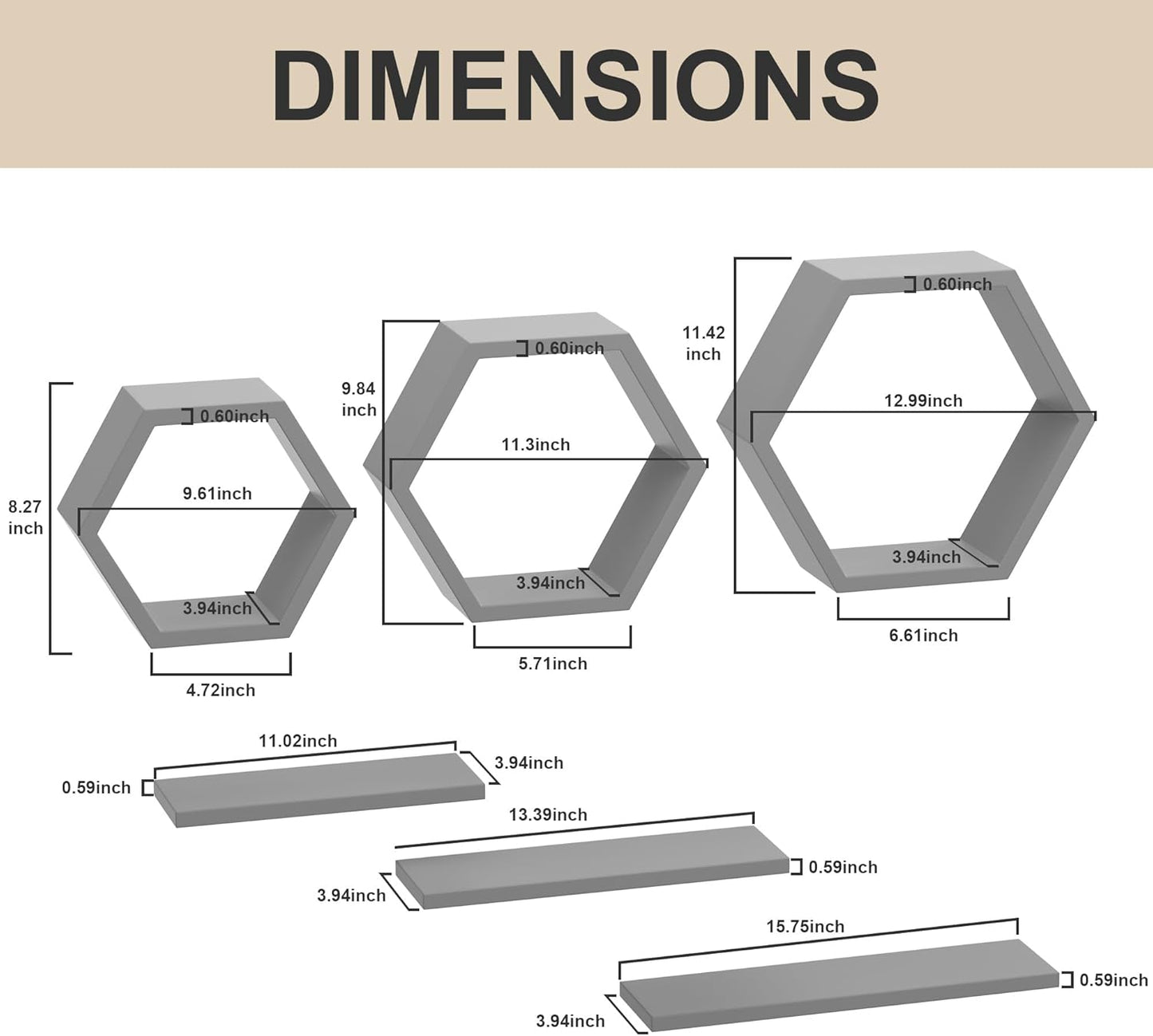 Hexagon Floating Geometric Honeycomb Shelves - Hexagon Floating Shelves Wall Mounted, Honeycomb Wall Shelves Set of 6, Geometric Floating Shelves for Wall Decor, Grey Honey Comb Shelves for Home