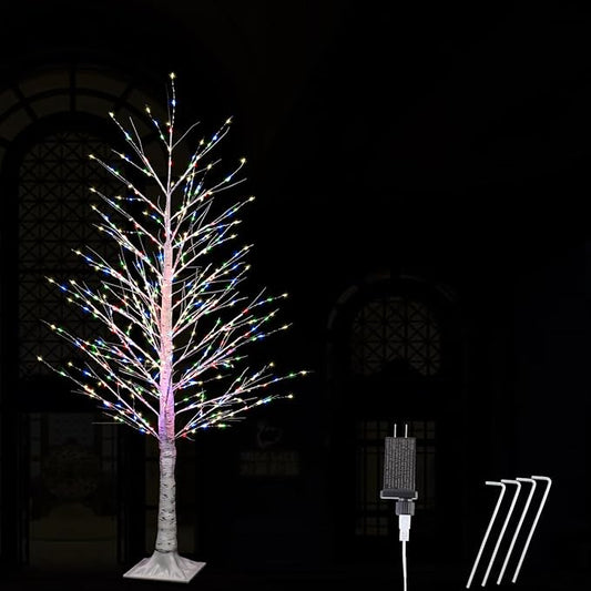 5FT Lighted Birch Tree with Twinkle Lights, Twinkling or Steady Function for Selected, Christmas Tree Multicolor Lights, Birch Tree with LED Lights for Indoor Outdoor Christmas Decorations