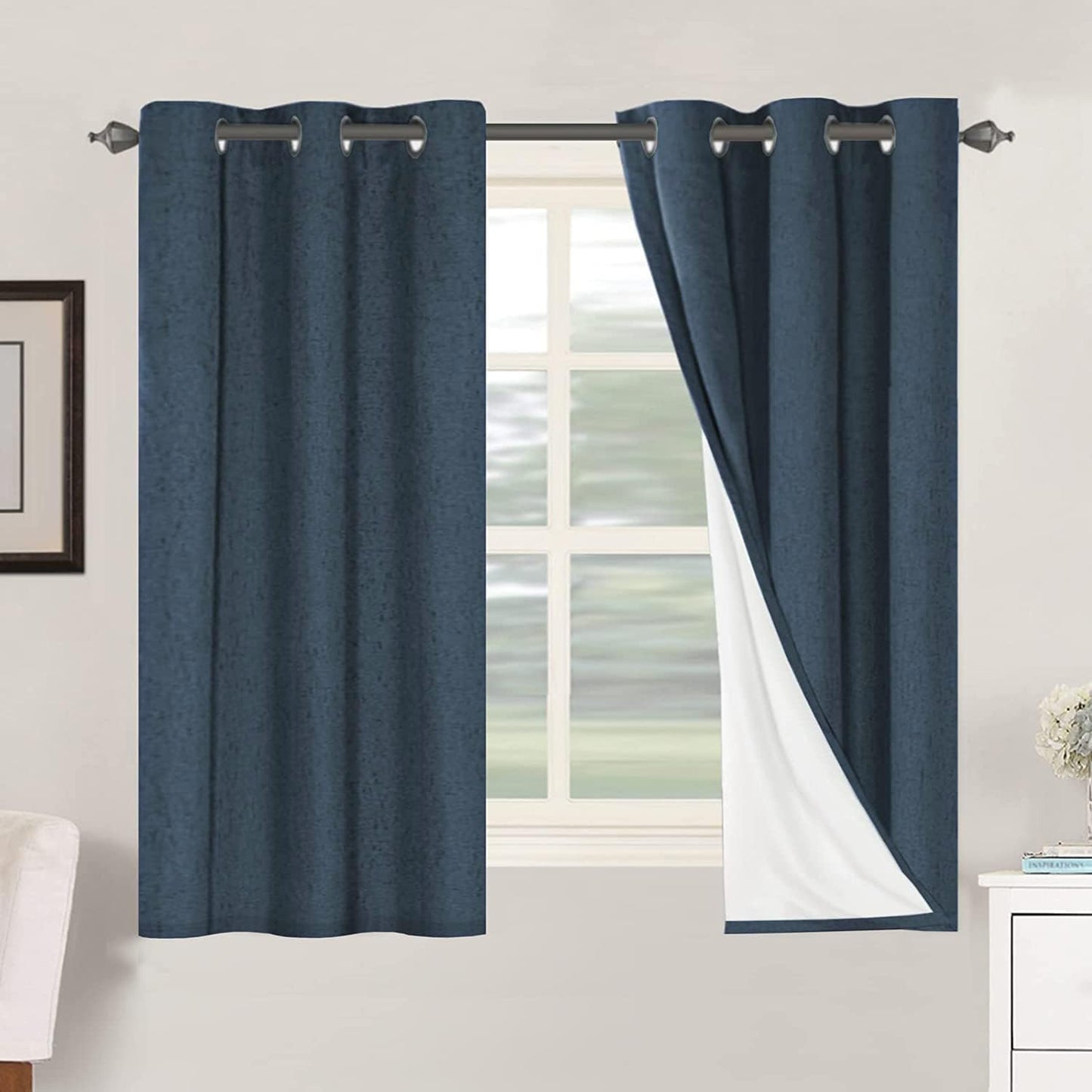H.VERSAILTEX Primitive Linen Blackout Curtains with Burlap Fabric and White Thermal Insulated Liner, Grommet Top Curtains for Living Room/Bedroom (2 Panels, 42 x 54 Inch, Navy)