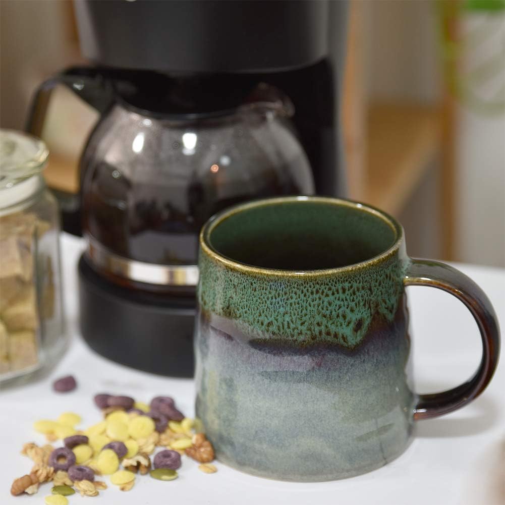 Large Ceramic Coffee Mug, Pottery Mug,Tea Cup for Office and Home,Handmade Pottery Coffee Mugs,16.5 Oz,Dishwasher and Microwave Safe,kiln altered glaze craft (Dark Green)