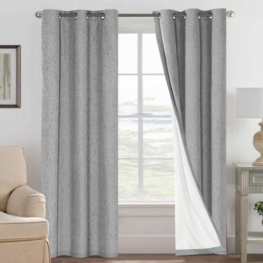 H.VERSAILTEX Primitive Linen Curtains 100% Blackout Curtain Drapes Burlap Curtains with White Thermal Insulated Liner, Grommet Top Drapes Living Room/Bedroom (2 Panels, 42 x 84 Inch, Dove Gray)