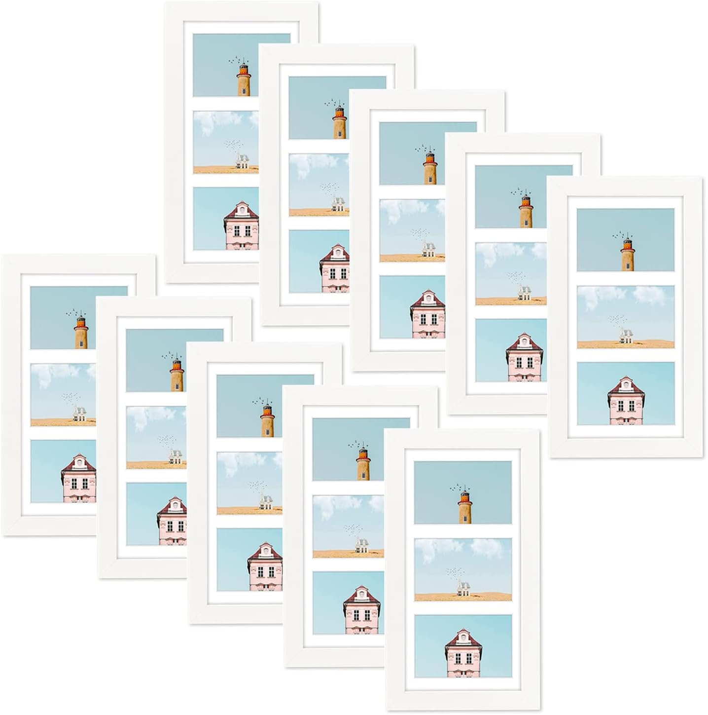 Golden State Art, Set of 10, 7x14 White Photo Wood Collage Frame with Mat Displays (3) 4"x6" Pictures