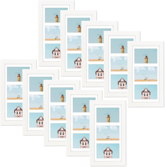 Golden State Art, Set of 10, 7x14 White Photo Wood Collage Frame with Mat Displays (3) 4"x6" Pictures