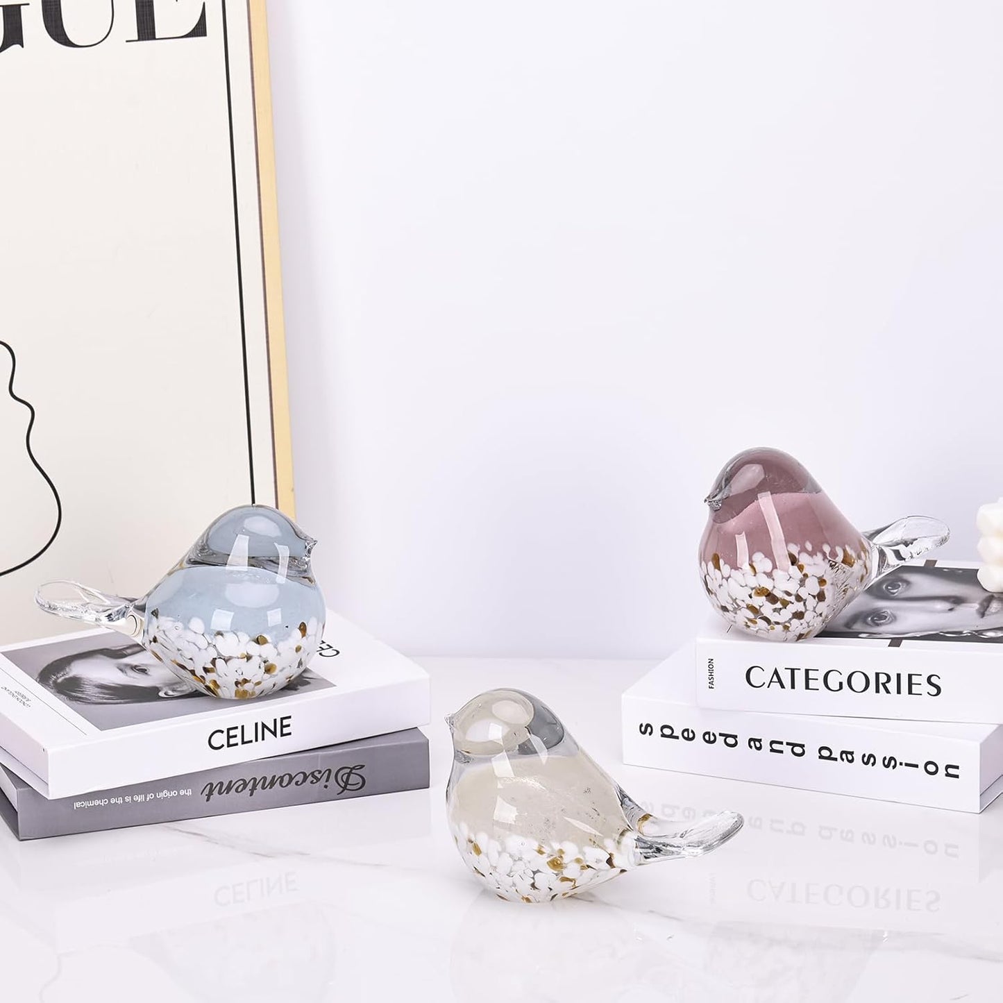 DOVDOV Hand Blown Glass Bird Statue Home Decor, Small Blue Glass Art Bird Sculpture for Office Desktop on Dresser entryway Decorative Ornament and Paperweight.