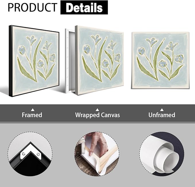 Tulip Flower Canvas Wall Art, Blue and Green Floral Aesthetic Poster, Watercolor Chinoiserie Art Print, Coastal Grandma Grandmillennial Botanical Picture Painting for Wall 24x24in Unframed