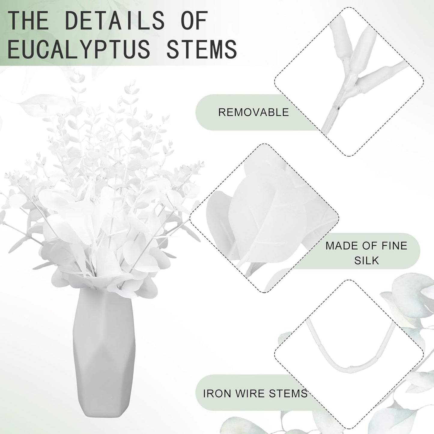 Giegxin 90 Pcs 3 Kinds Mixed Eucalyptus Leaves Stems Bulk Artificial Silver Dollar Leaves Picks Dried Eucalyptus Bundle Faux Spray for Wedding Vase Bouquet Floral Arrangement (White)