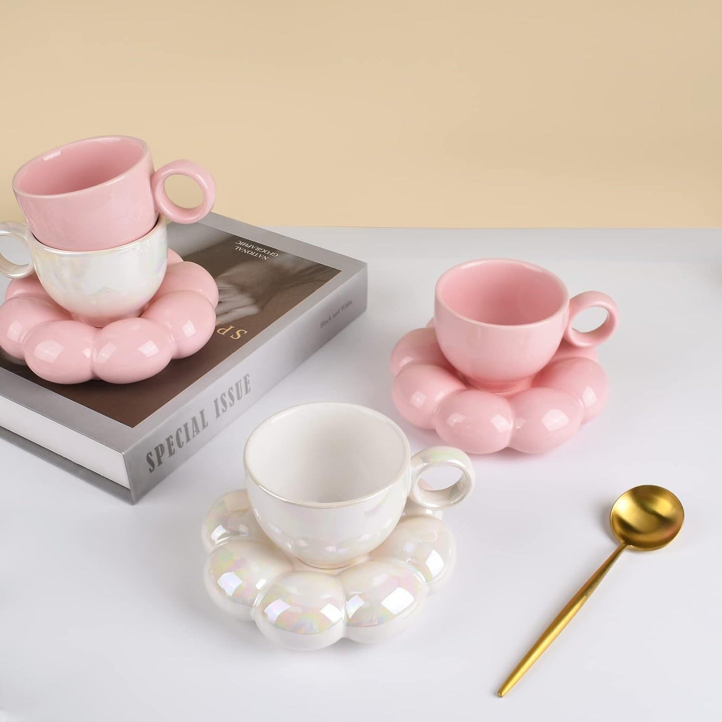 Koythin 4 Pieces Ceramic Sunflower Mug Saucer Set, Creative Cute Cup with Cloud Coaster, 6.5 oz/200 ml Aesthetic Mugs for Tea Latte Milk (4 Pearl White)