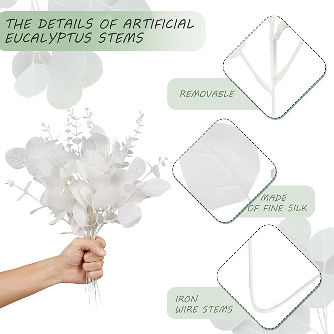 120 Pcs Artificial Eucalyptus Leaves Stems Bulk – 3 Styles Mixed Faux Silver Dollar Eucalyptus Leaves, DIY Fake White Stems for Wedding Bouquets, Floral Arrangements, Centerpieces & Home Decor