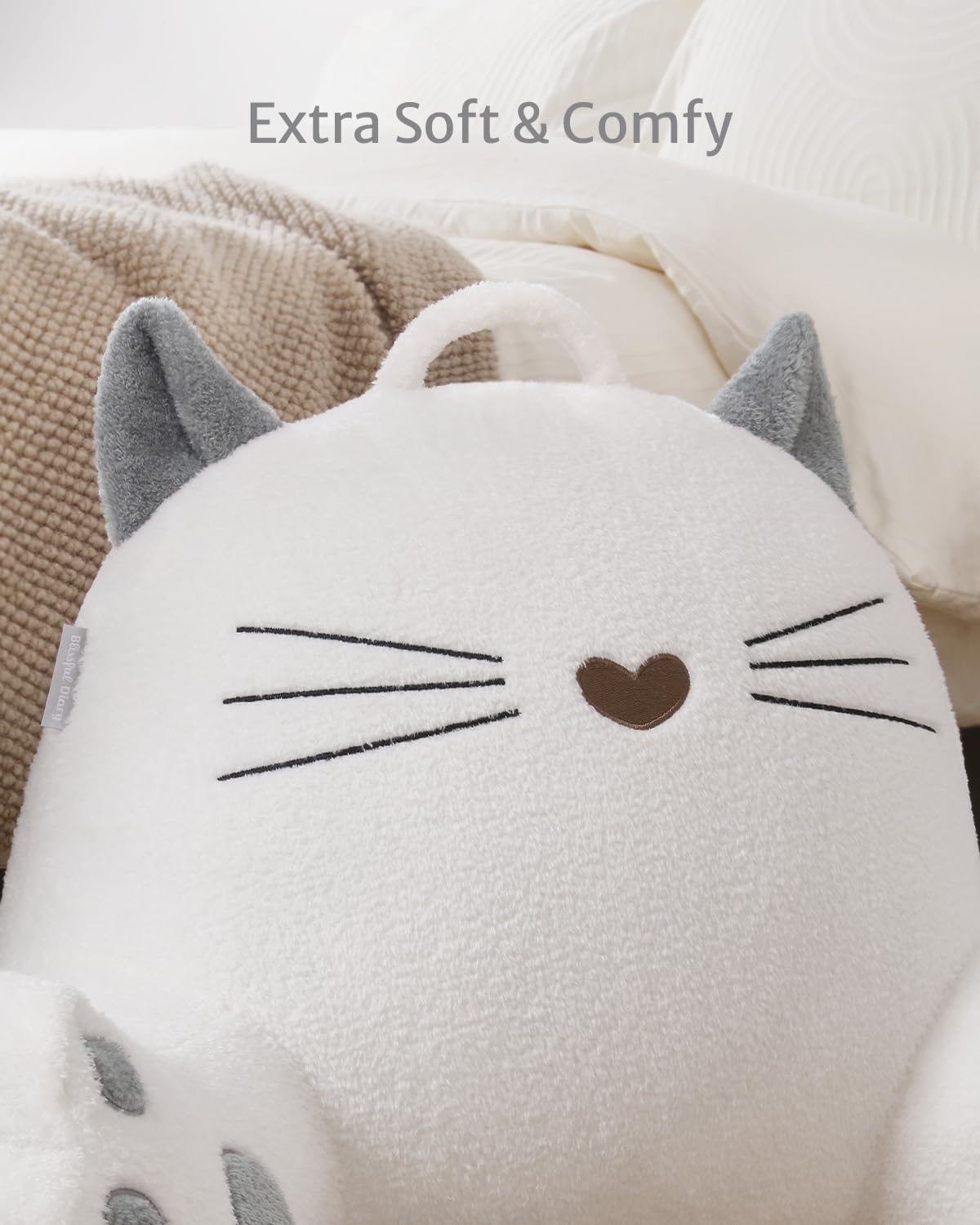Blissful Diary Kitty Reading Pillow for Kids/Teens/Adults, Back Rest Pillow for Sitting Up in Bed with Shredded Memory Foam, Includes Arms and Washable Cover, Pure White
