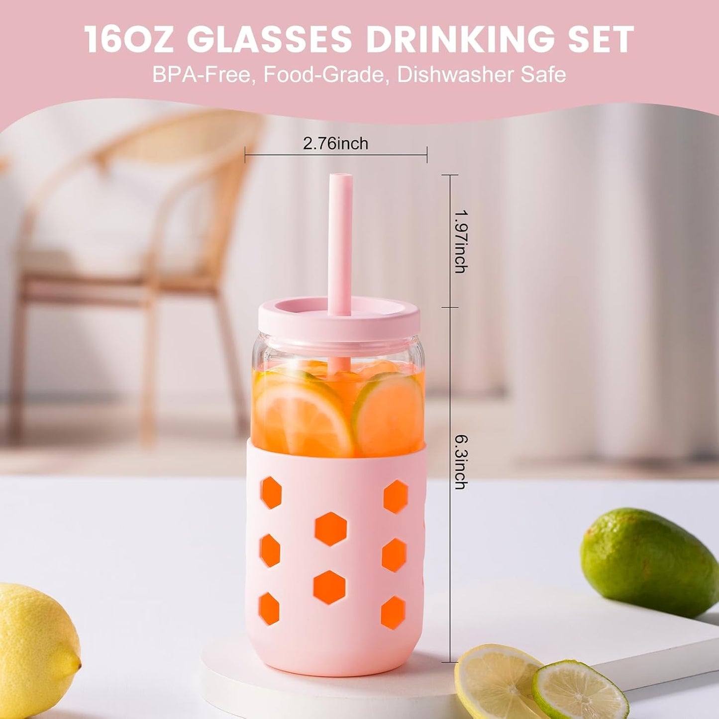 Glass Cups with Silicone Lids and Straws (4 Pcs), 16oz Drinking Glasses Set with Silicone Sleeves for Coffee Bar Accessories Iced Coffee Cups with Lids, Glass Tumbler Reusable for Gifts